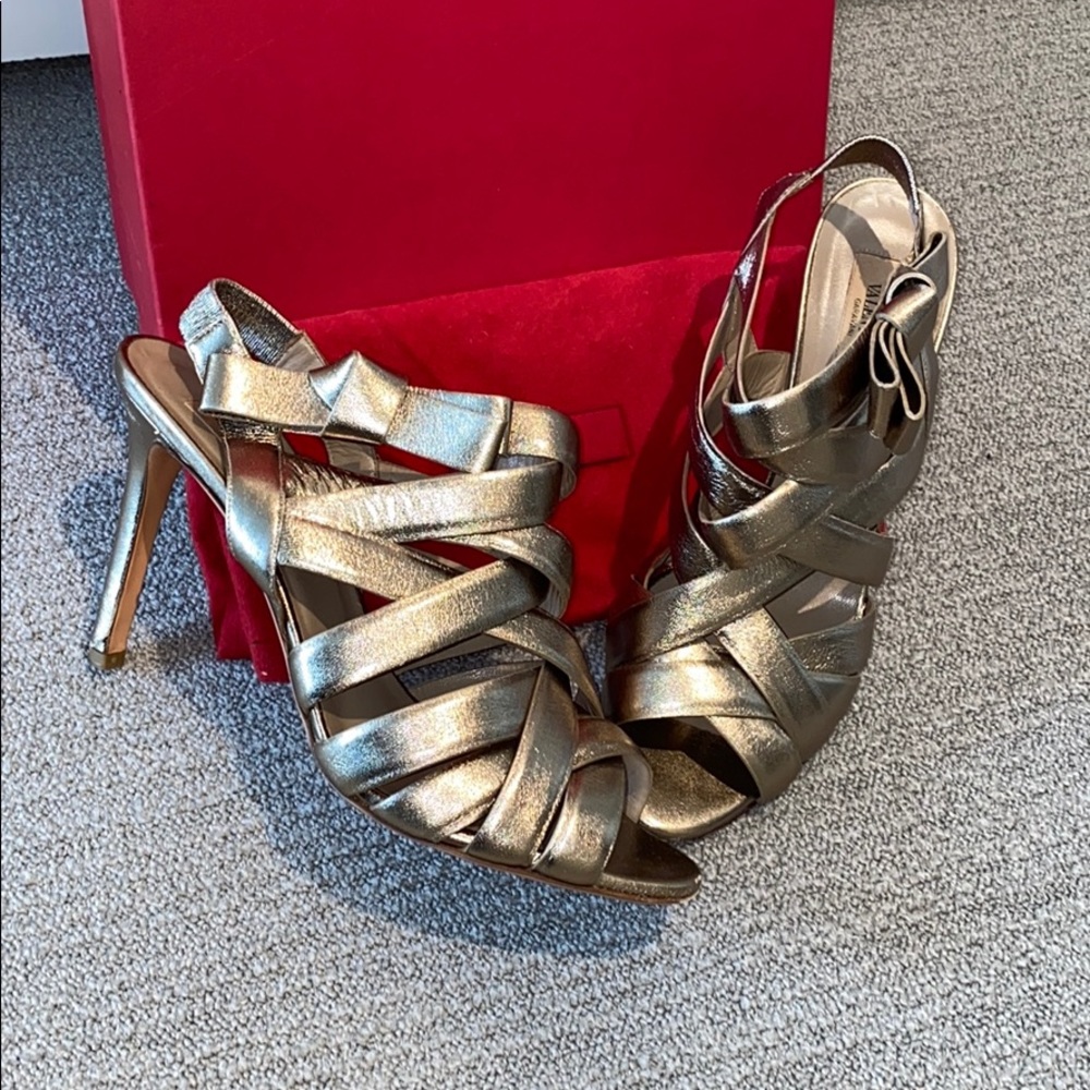 VALENTINO gold leather strappy HiHeel mule w/ bows